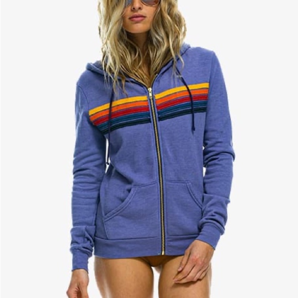 Aviator Nation 5 Stripe Fleece Hoodie in Lavender Large